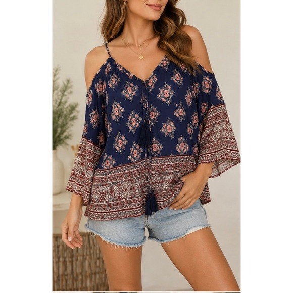 Tops - Navy Blue Boho Cold Shoulder Bell Sleeve Tassel Tie Blouse Top Size -S